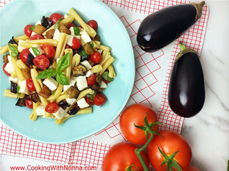 Sicilian Pasta Salad with Fried Eggplant, Tomatoes and Mozzarella