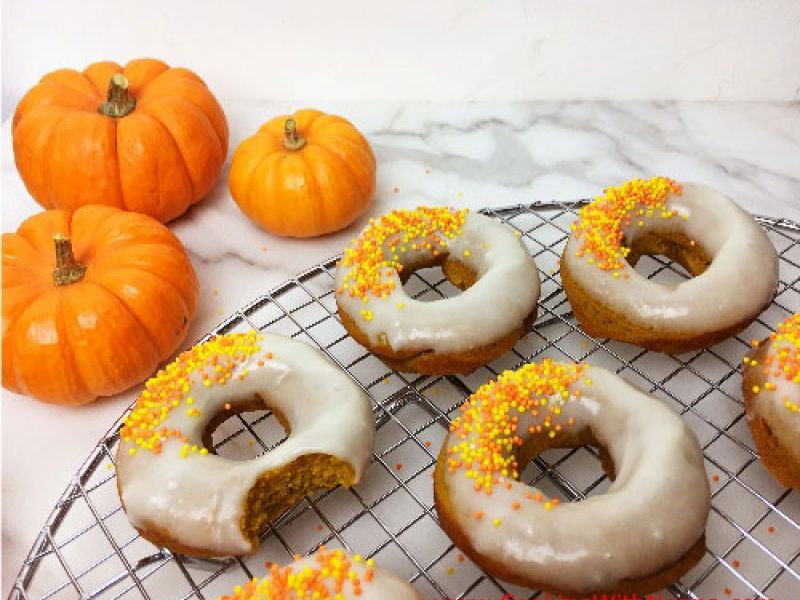 Pumpkin Spice Olive Oil Donuts with Cream Cheese Glaze