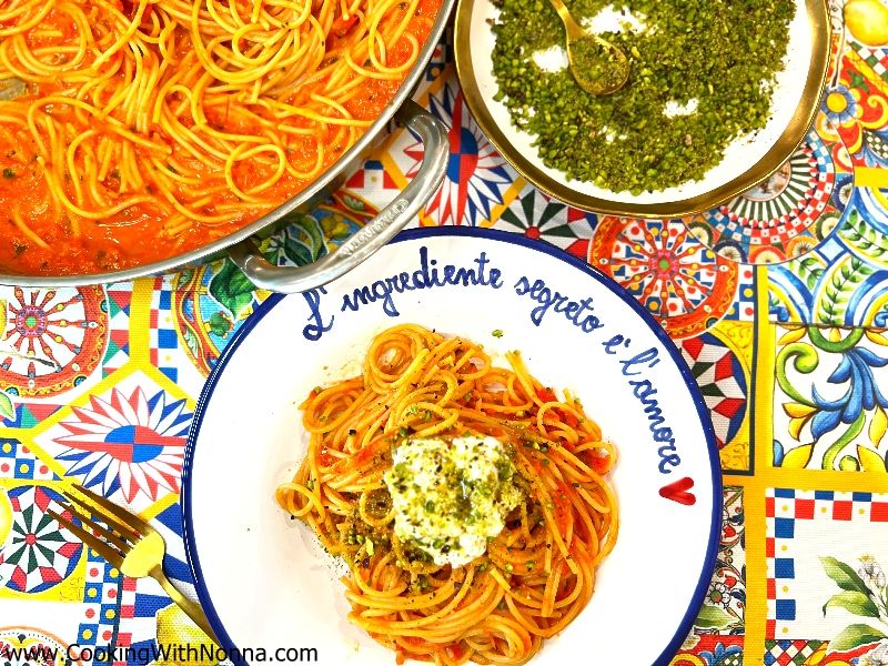 Pasta Peperonata with Burrata and Pistachios