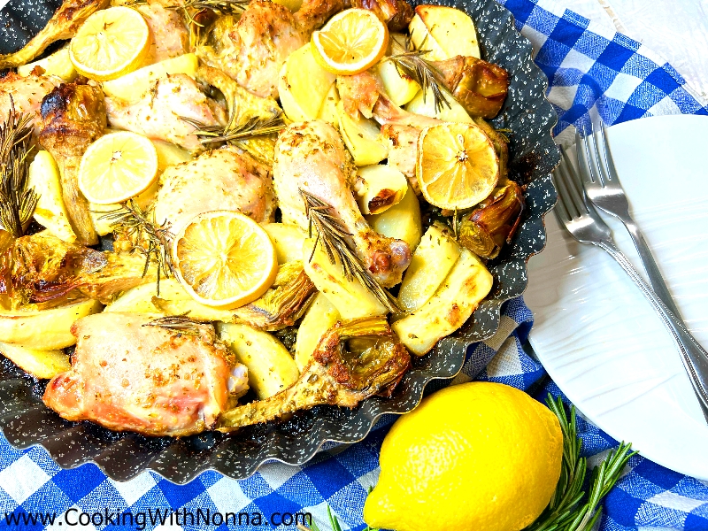 One Pan Roasted Lemon Chicken with Artichokes