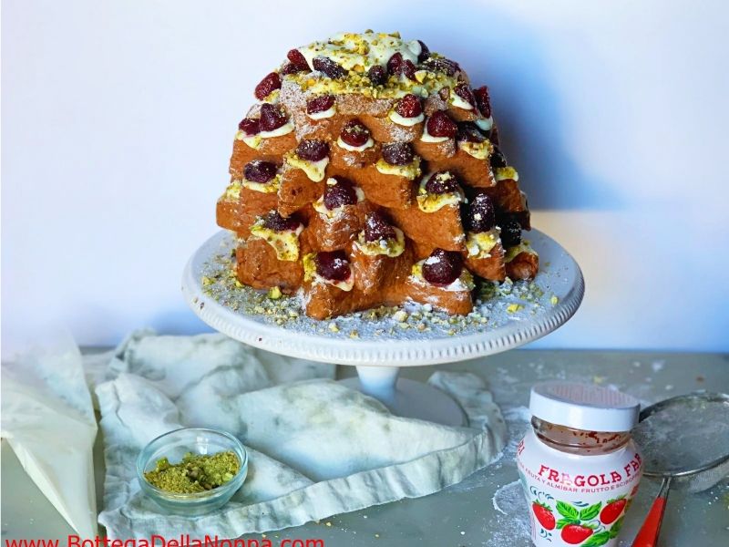 Pandoro Christmas Tree with Strawberry, Pistachio, Almond, Ricotta Cream