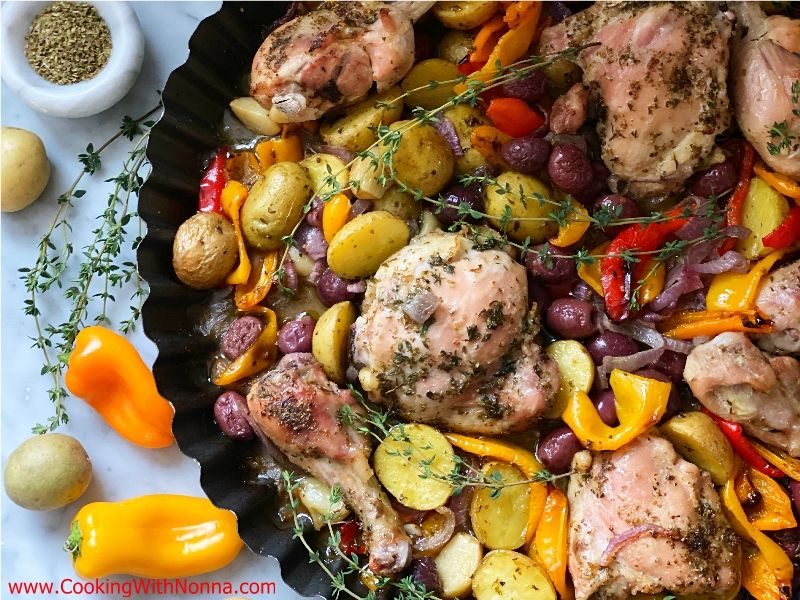 Roasted Chicken with Peppers, Potatoes & Olives