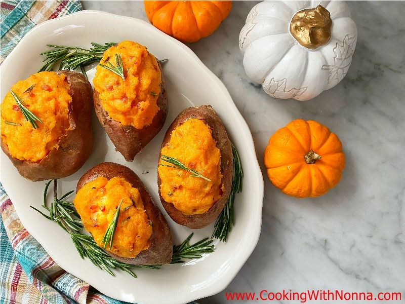 Twice Baked Sweet Potatoes With Pancetta & Rosemary 