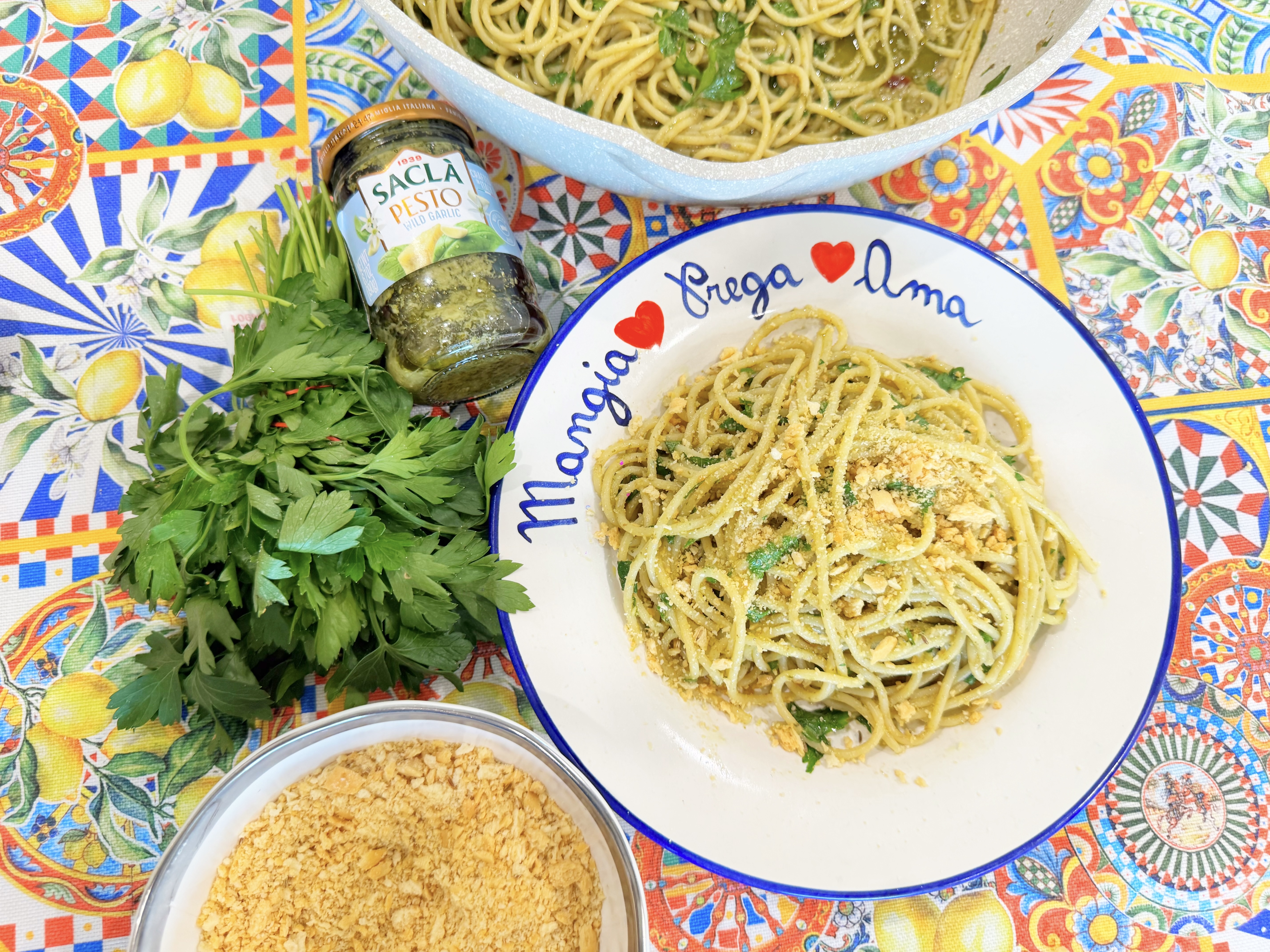 Spaghetti with Saclà Wild Garlic Pesto, Anchovies & Crumbled Taralli Spaghetti with Saclà Wild Garlic Pesto, Anchovies & Crumbled Taralli