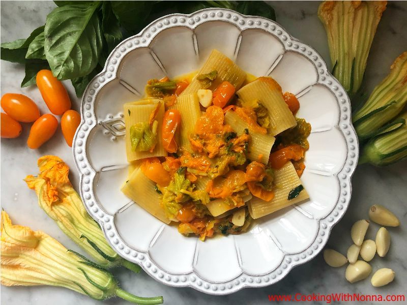 Paccheri with Zucchini Flowers and Tomatoes 