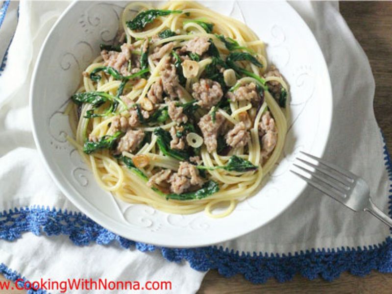 Spaghetti with Sausage and Baby Kale