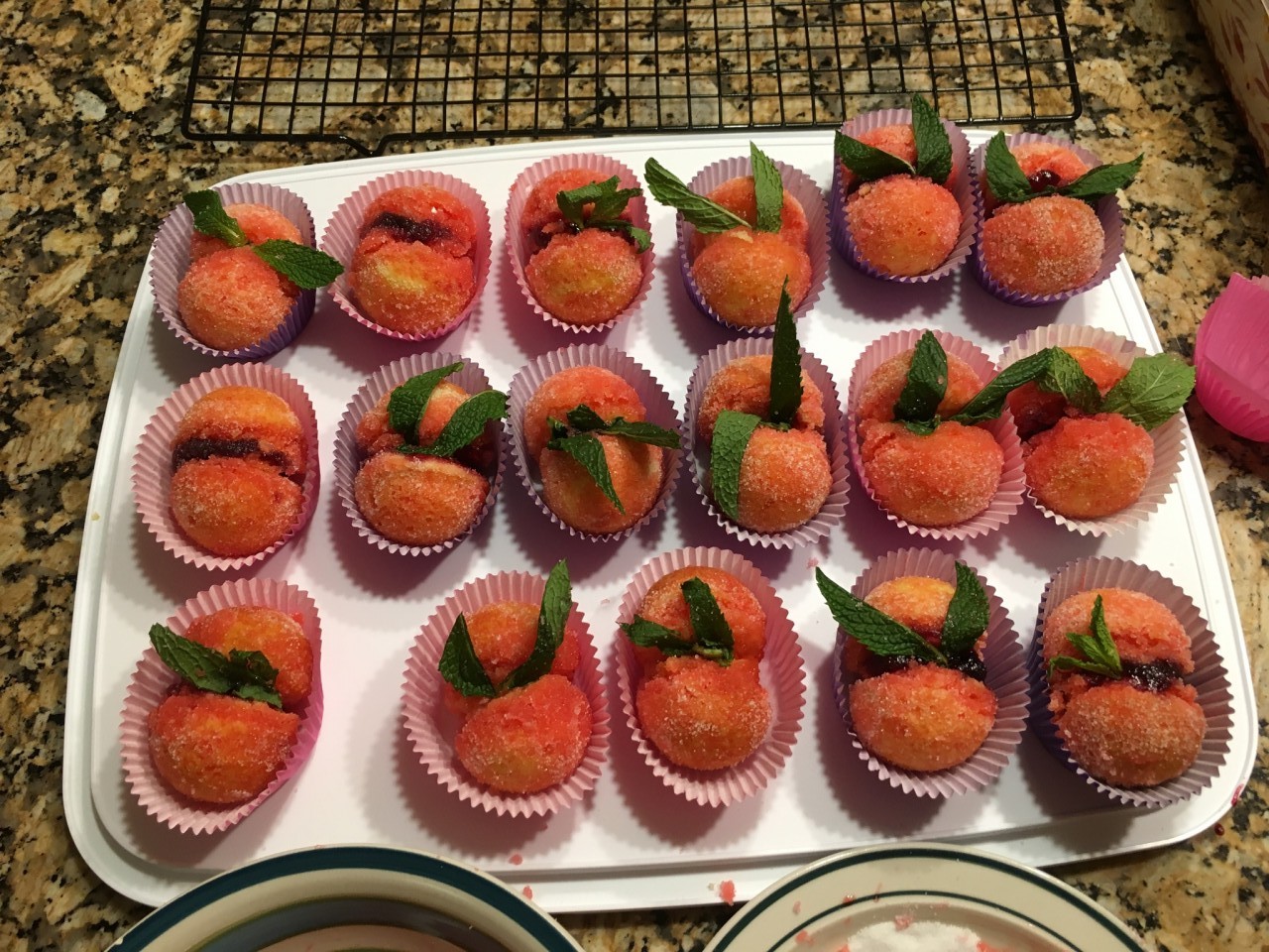 First time making these peach pastries.They are more cake like and some have a cannoli filling and some have either black currant or a strawberry reserve.