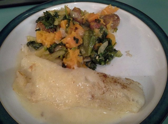 Tonight was baked wild caught cod with a mess of veggies and a few tiny potatoes...one fennel bulb, half an onion, some shredded lettuce, butternut squash, limp garlic...all sauteed in a bit of butter. Really delish actually and I feel better knowing nothing went in the garbage.